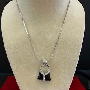 Pocketbook Purse Pendant Necklace Black Enameling Silver Tone Rhinestones